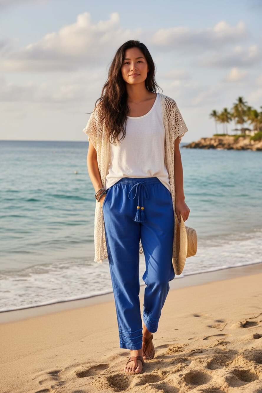 Miraclesuit x Talbots Blue Tassel Drawstring Pants XS Boho Beach Cotton Pull-On